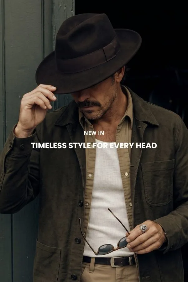 En mann sitter på en trekasse i et studio og bærer en klassisk brun cowboyhatt i filt med bred brem, en mørk denimskjorte og jeans.